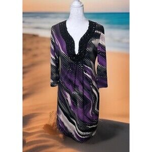Bisou Bisou Michele Bohbot Purple Black Beaded Dots 3/4 Sleeve Shift Dress Sz 8